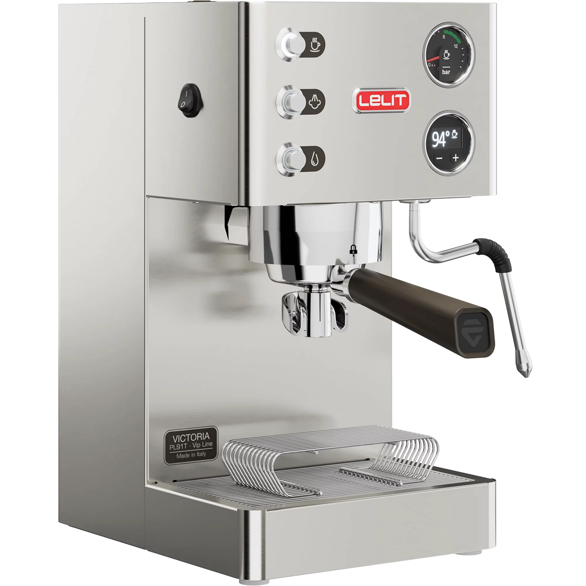 Lelit Victoria PL91T espresso machine left-side view highlighting steam wand and drip tray.
