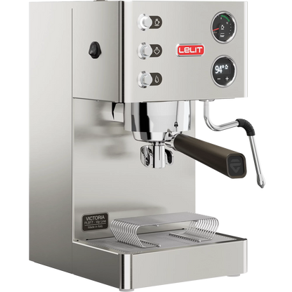 Lelit Victoria PL91T espresso machine left-side view highlighting steam wand and drip tray.
