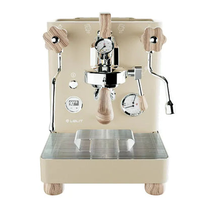 Lelit Bianca V3 beige edition espresso machine front view with tan wooden handles and dual gauges.