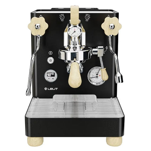 Lelit Bianca V3 black edition espresso machine front view with light wooden handles and dual gauges.