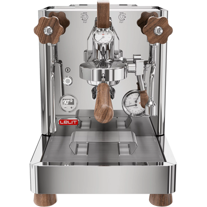 Lelit Bianca V3 espresso machine front view, stainless steel, wooden handles, dual gauges.