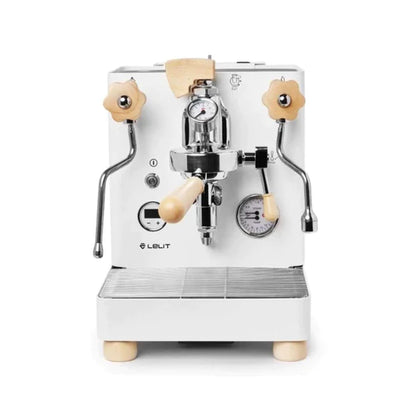 Lelit Bianca V3 white edition espresso machine front view, light wooden accents, dual pressure gauges.