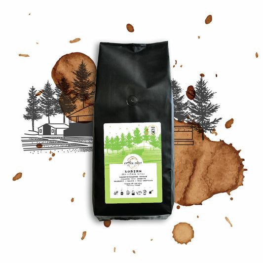 Lorien coffee bag with green label featuring natural landscape graphics and estate branding

