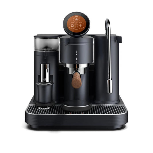 Meraki Espresso Machine front view, matte black finish, clear water container, wooden accents.