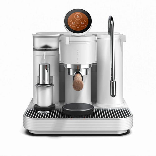 Meraki Espresso Machine front view in white, clear water container, wooden portafilter handle.
