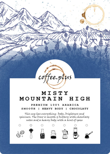 Close-up of Misty Mountain coffee label showing high-altitude origin details and tasting notes
