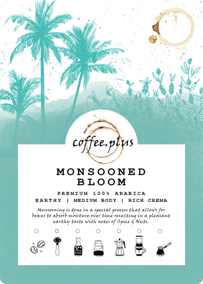 Close-up of Monsooned Bloom Coffee label showing monsoon processing details and tasting notes
