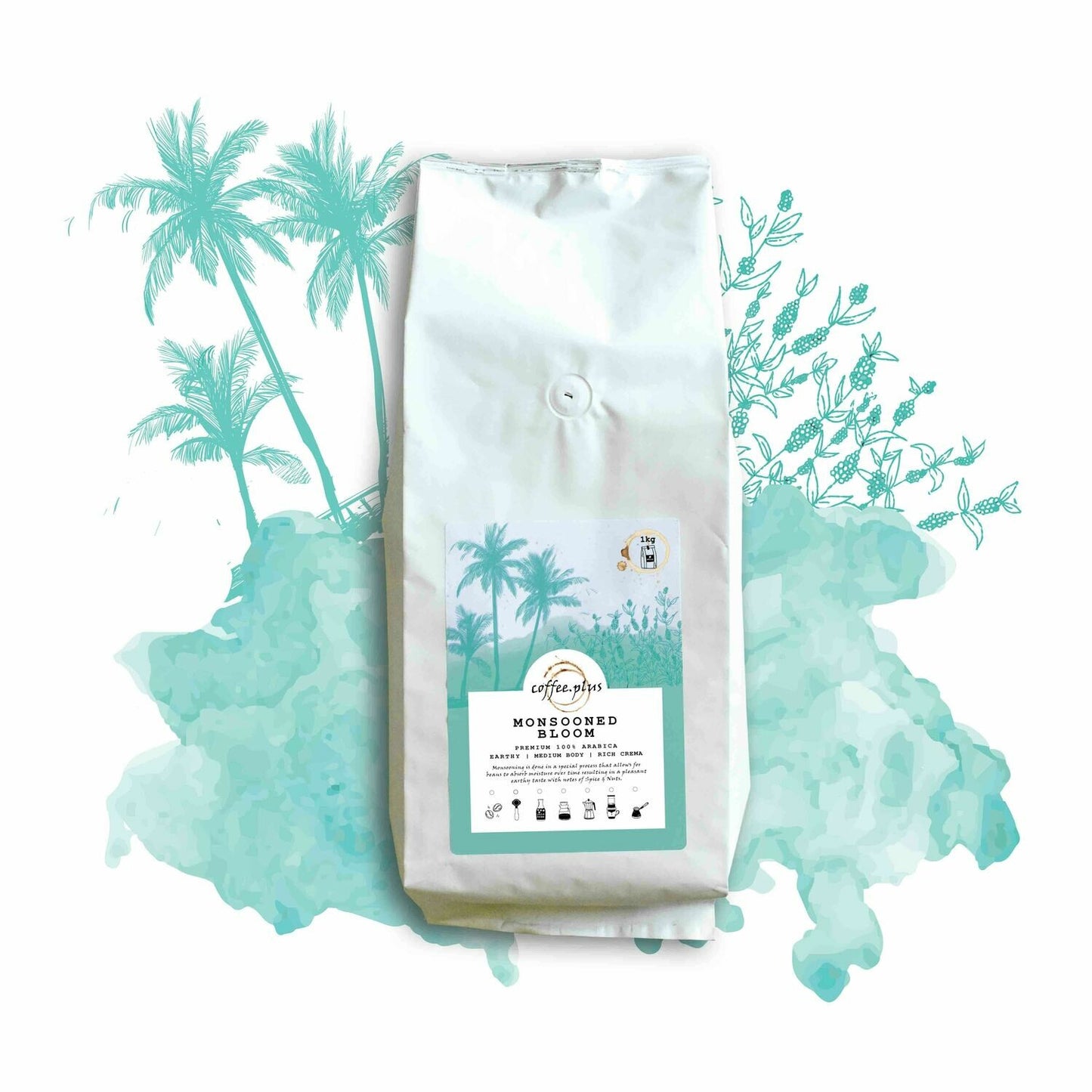 Monsooned Bloom Coffee bag featuring serene tropical artwork with palm trees and monsoon imagery
