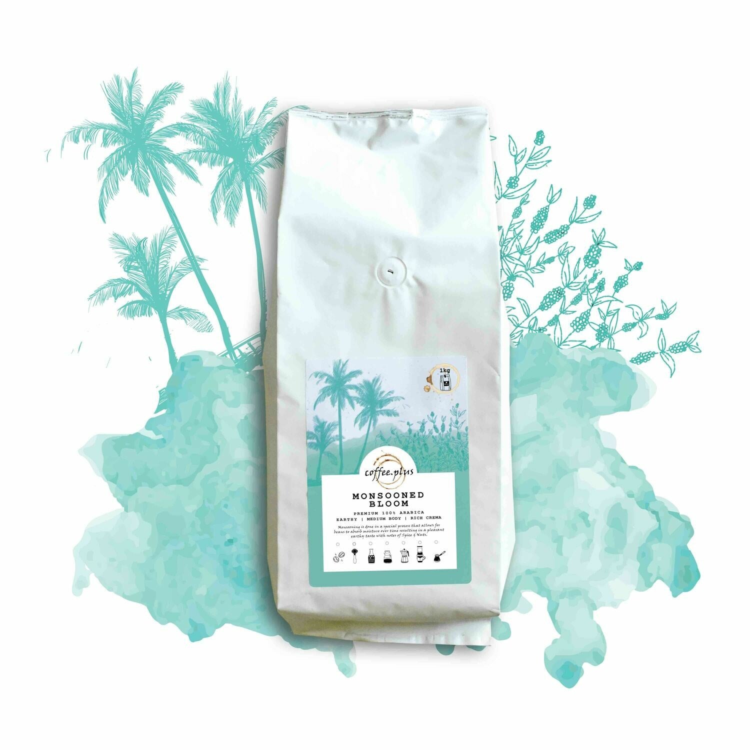 Monsooned Bloom Coffee bag featuring serene tropical artwork with palm trees and monsoon imagery
