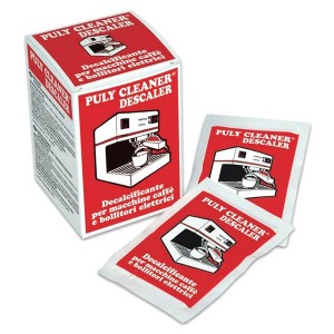Puly Cleaner Descaler box containing 10 individual 30g sachets with red and white packaging for espresso machine descaling.
