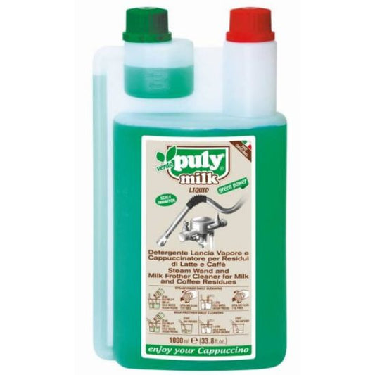 Puly Milk Verde Liquid 1 litre bottle with dual-compartment design, green and white colors, for eco-friendly milk system cleaning.
