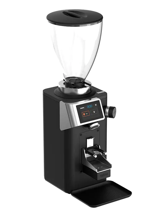 REV Titan WAM espresso grinder angled view with touchscreen display and large hopper
