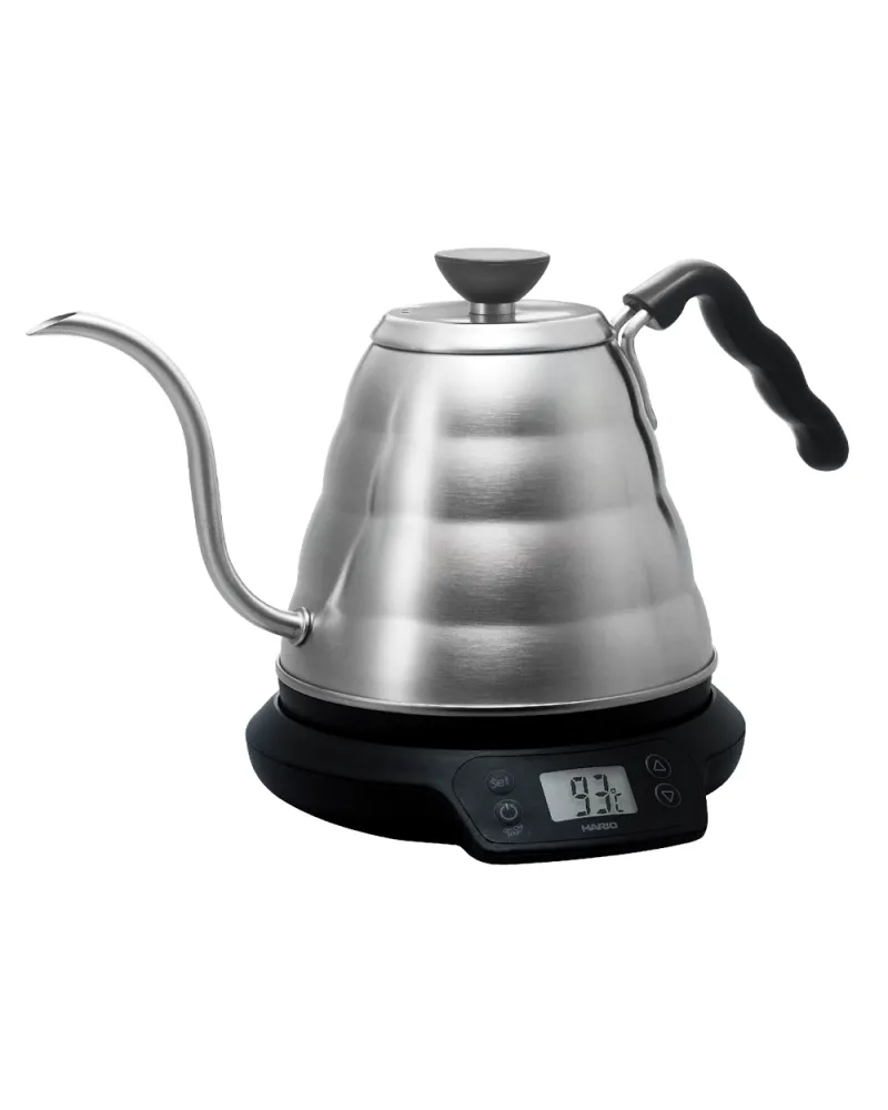 V60 Power Kettle Buono electric kettle with stainless steel body, gooseneck spout, black base with digital display.
